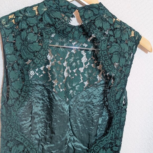 Sandro Paris Dress Green Lace Sz XS High Neck Scalloped Mini Open Back - Picture 10 of 11